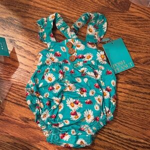 Posh Peanut Teal Romper with Floral and Ladybug Design